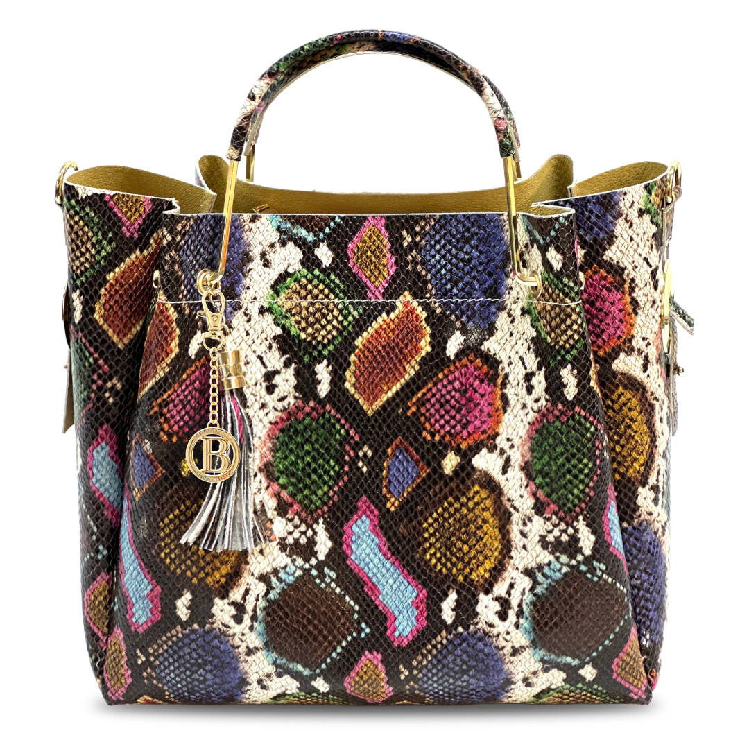 Geantă din piele naturală damă Zaza - print șarpe colorat