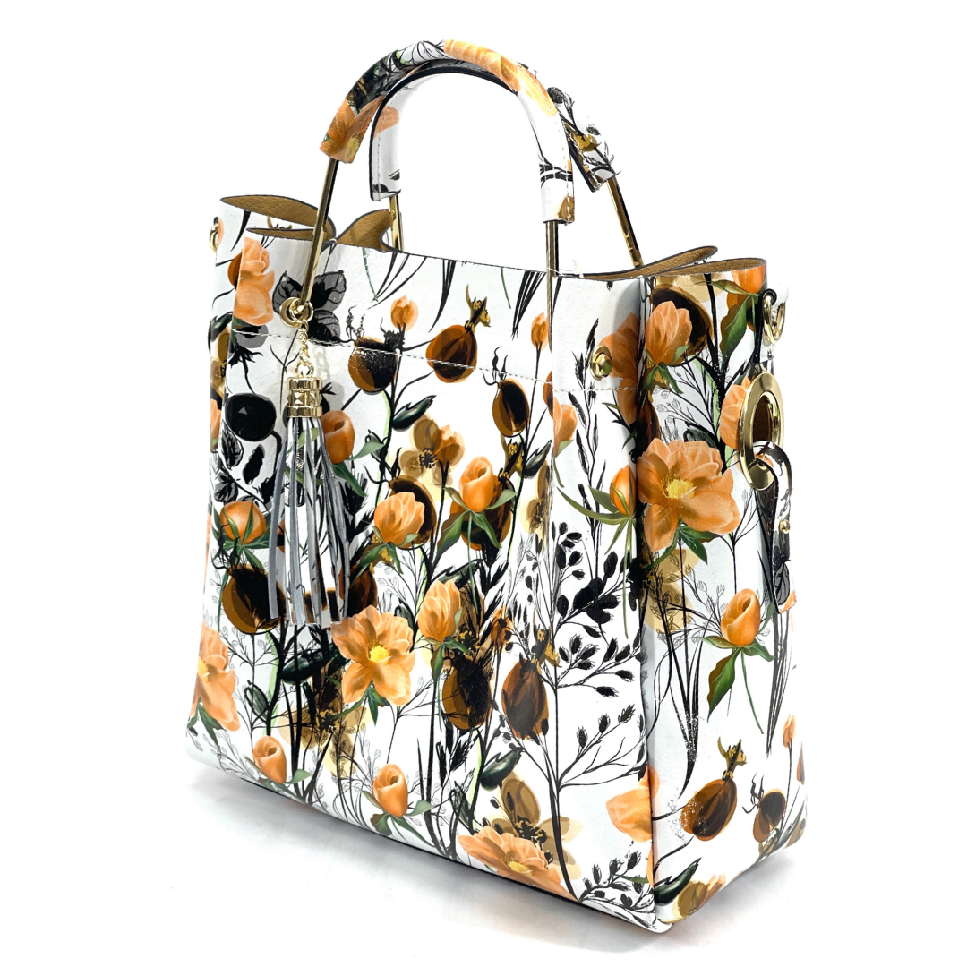 Geantă din piele naturală damă Zaza - flori galbene