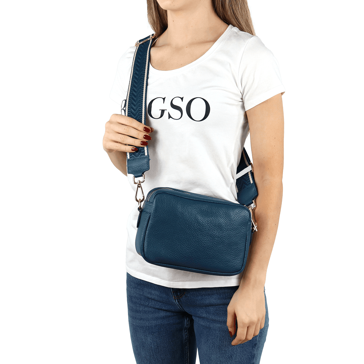 Geantă de umăr din piele naturală cu 2 mânere Noma - albastru