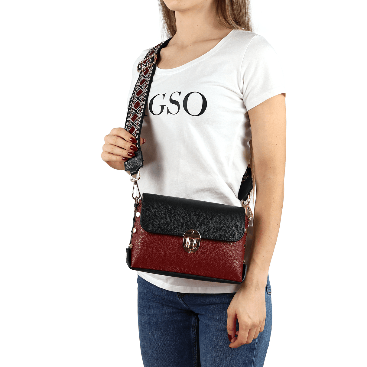 Geantă din piele naturală pentru damă Antoanella - roșu/negru