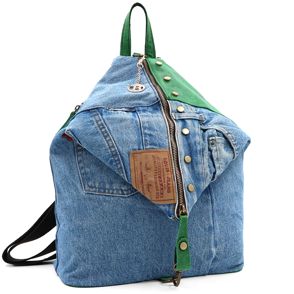 Rucsac mare Gabriela din piele naturală și denim – verde