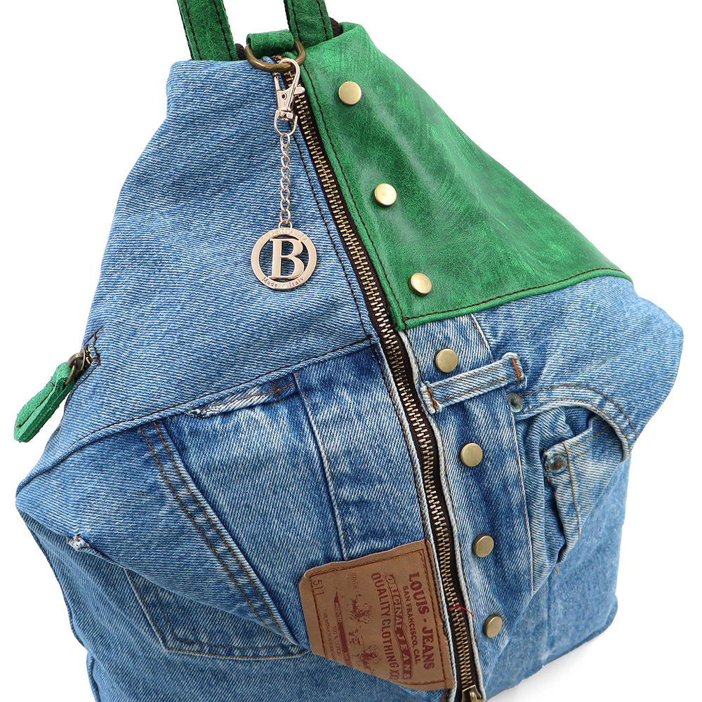 Rucsac mare Gabriela din piele naturală și denim – verde