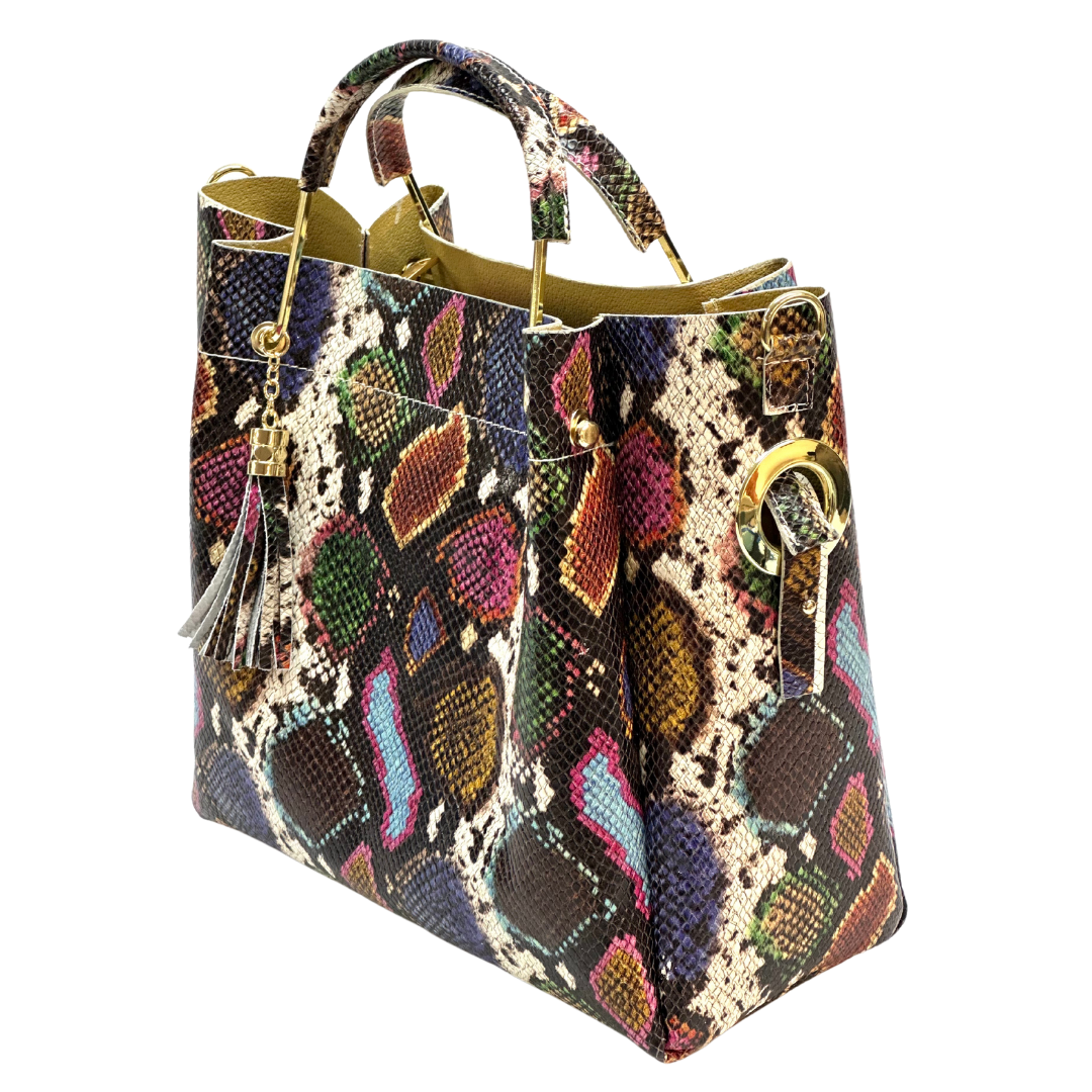 Geantă din piele naturală damă Zaza - print șarpe colorat