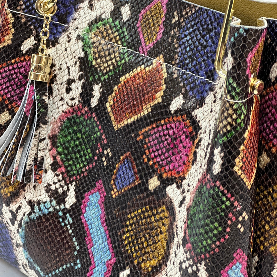 Geantă din piele naturală damă Zaza - print șarpe colorat