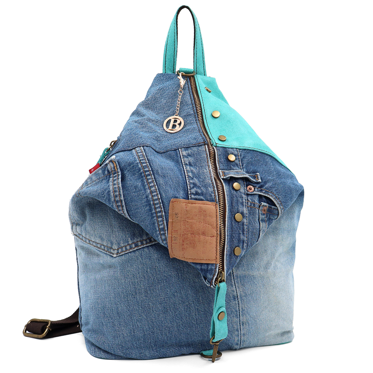 Rucsac mare Gabriela din piele naturală și denim – albastru
