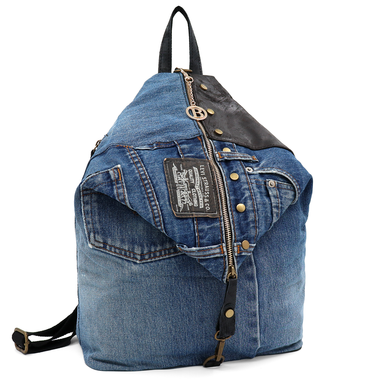 Rucsac mare Gabriela din piele naturală și denim – negru