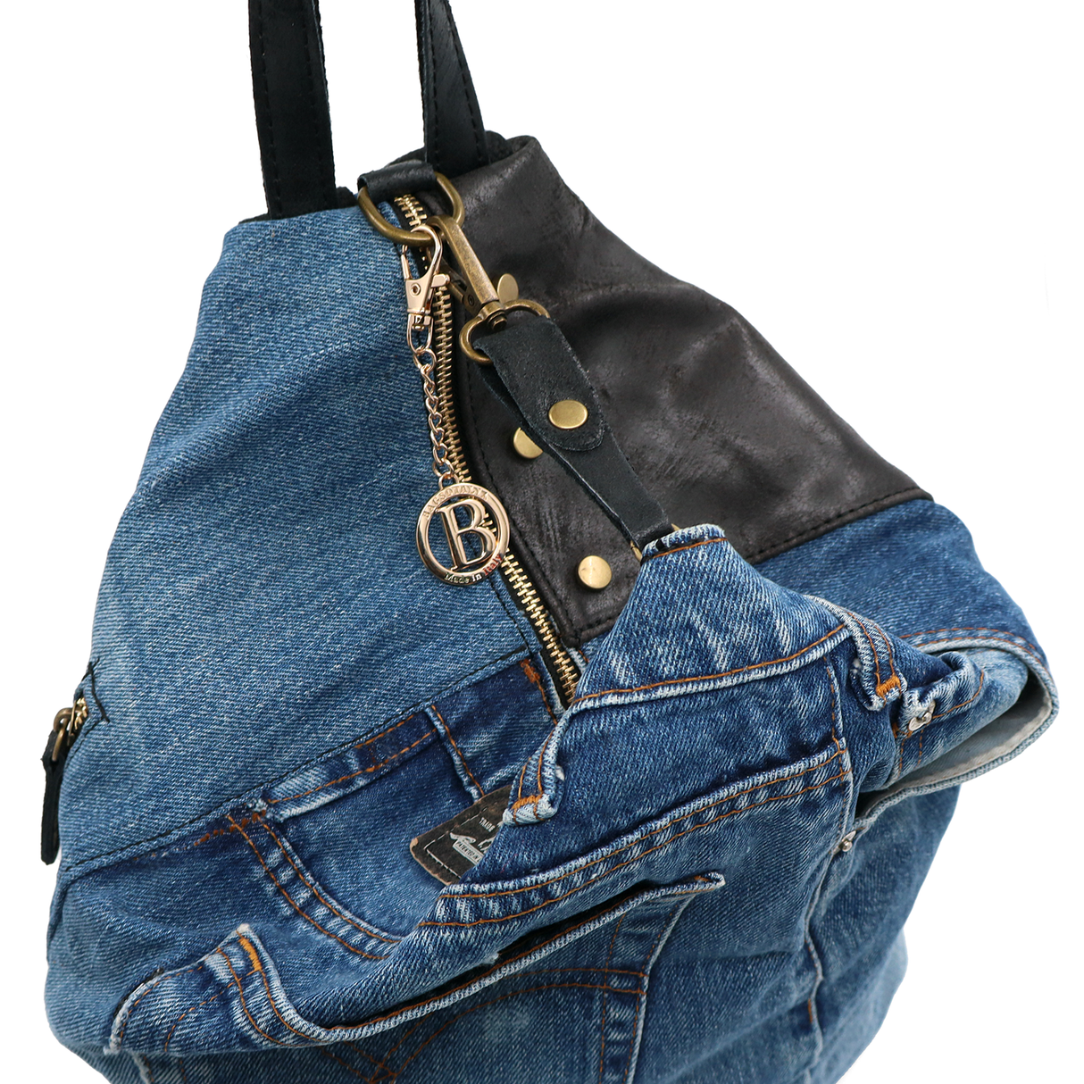 Rucsac mare Gabriela din piele naturală și denim – negru