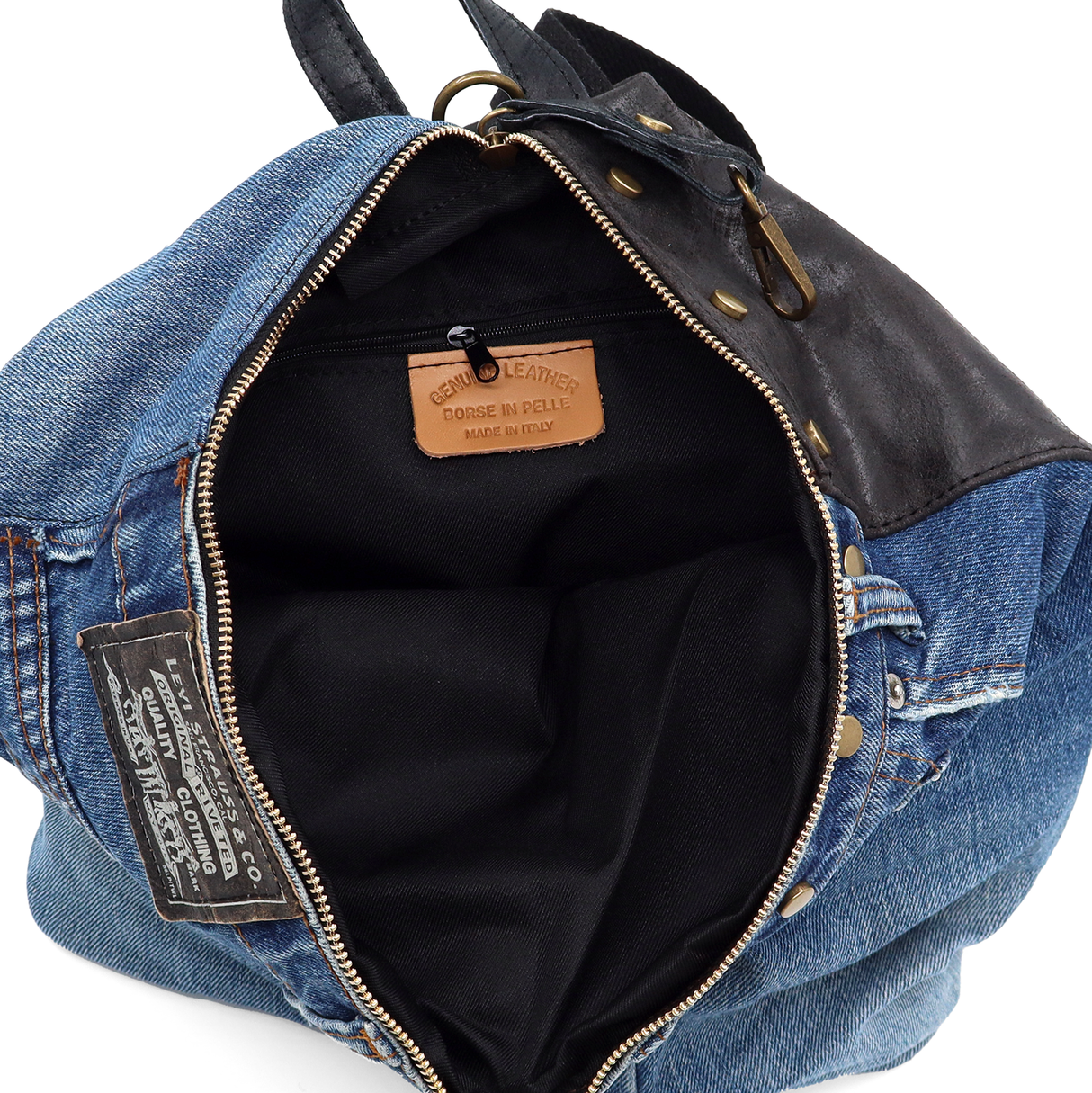 Rucsac mare Gabriela din piele naturală și denim – negru