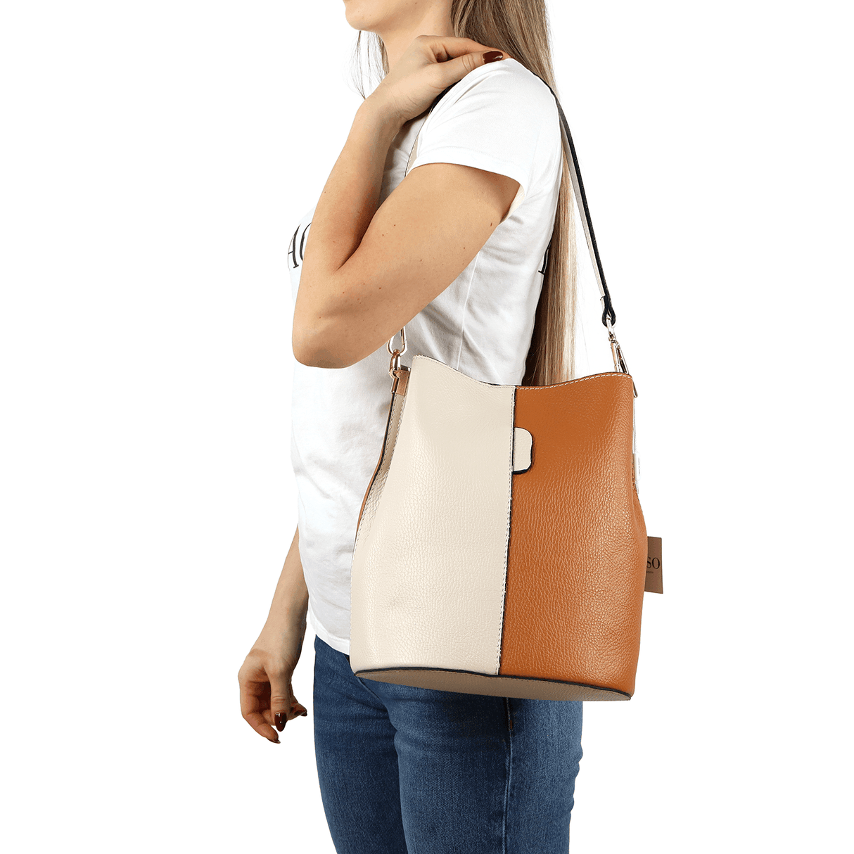 Geantă de damă din piele naturală cu 2 mânere Alba - muștar