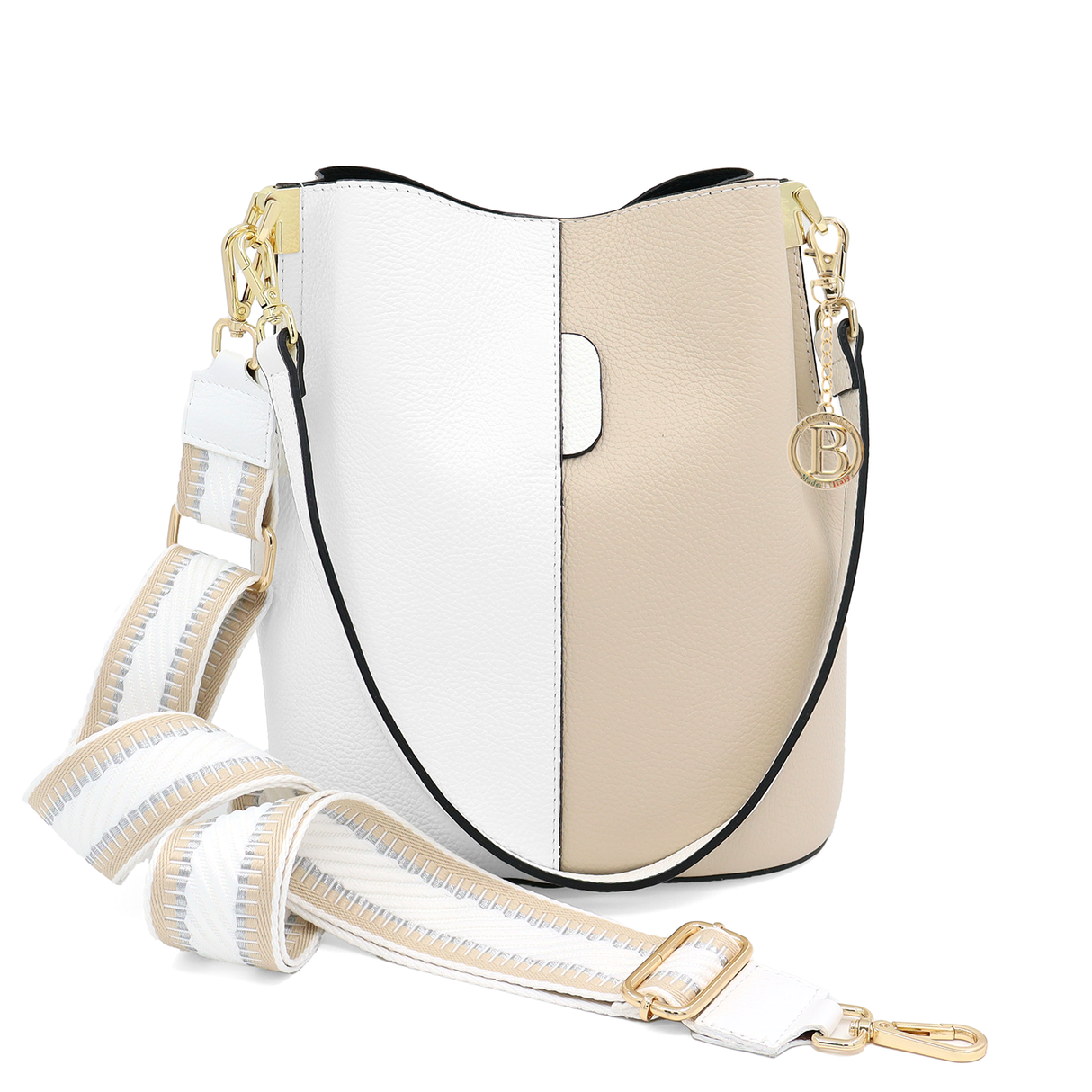 Geantă de damă din piele naturală cu 2 mânere Alba - alb/bej