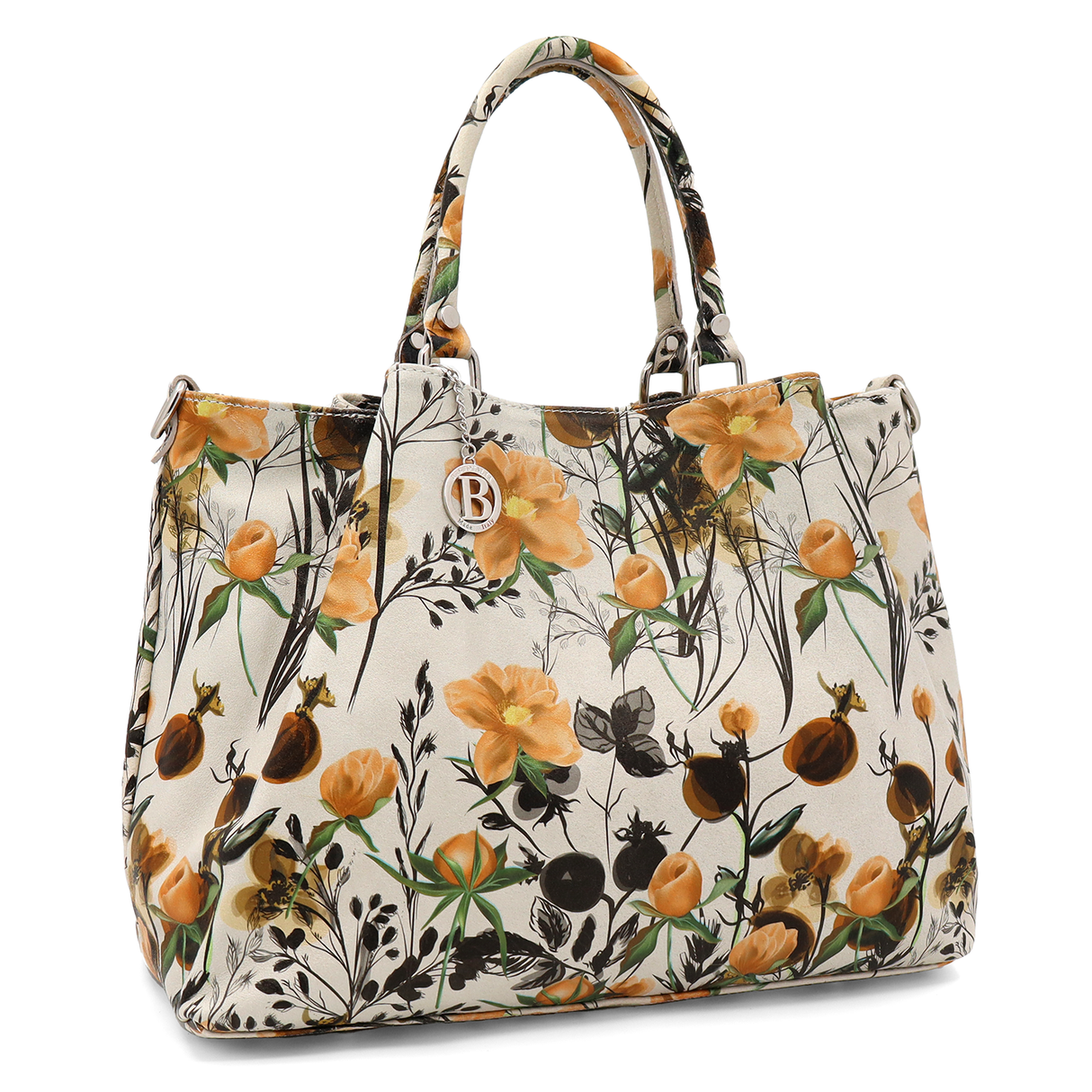 Geantă mare de damă din piele naturală cu imprimeu de flori galbene Danica