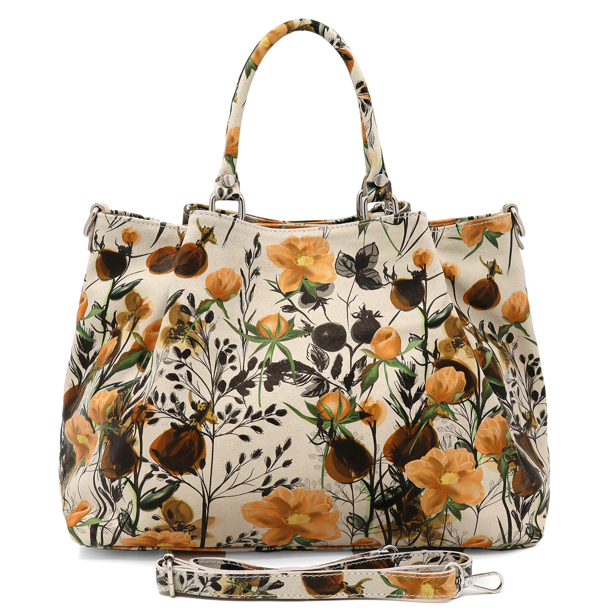 Geantă mare de damă din piele naturală cu imprimeu de flori galbene Danica