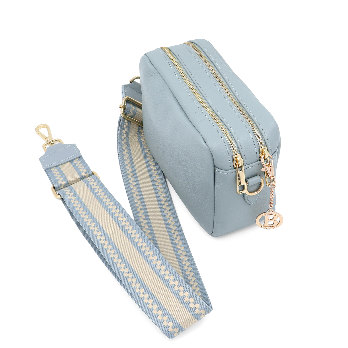 Geantă de umăr din piele naturală cu 2 mânere Noma - albastru deschis