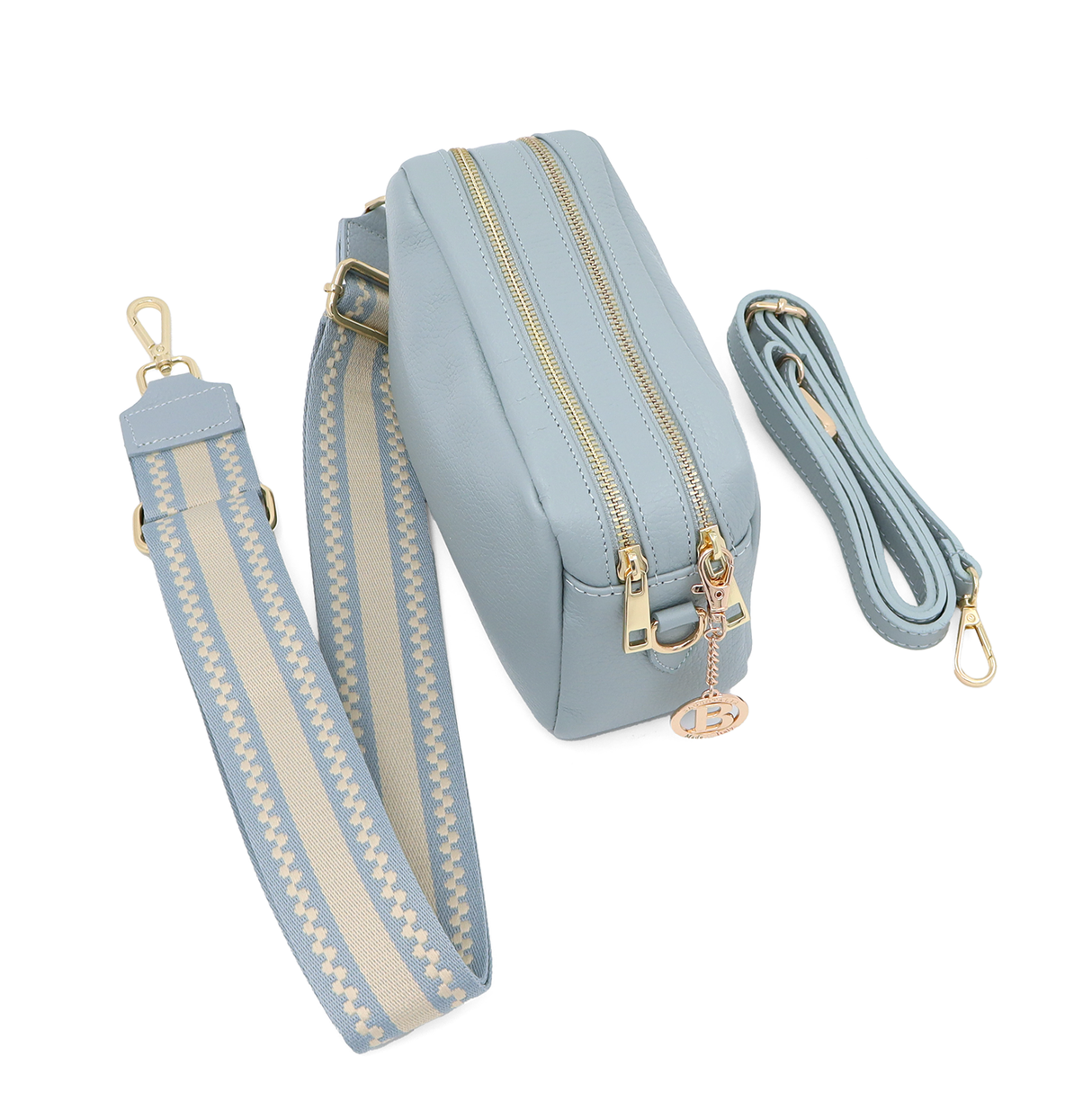 Geantă de umăr din piele naturală cu 2 mânere Noma - albastru deschis