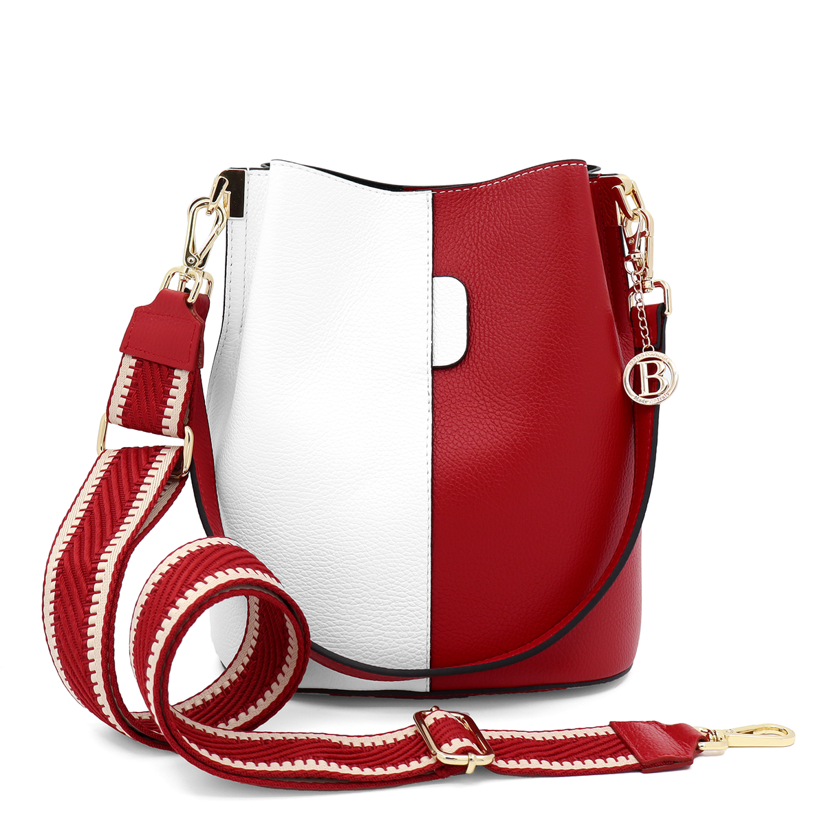 Geantă de damă din piele naturală cu 2 mânere Alba - alb/roșu