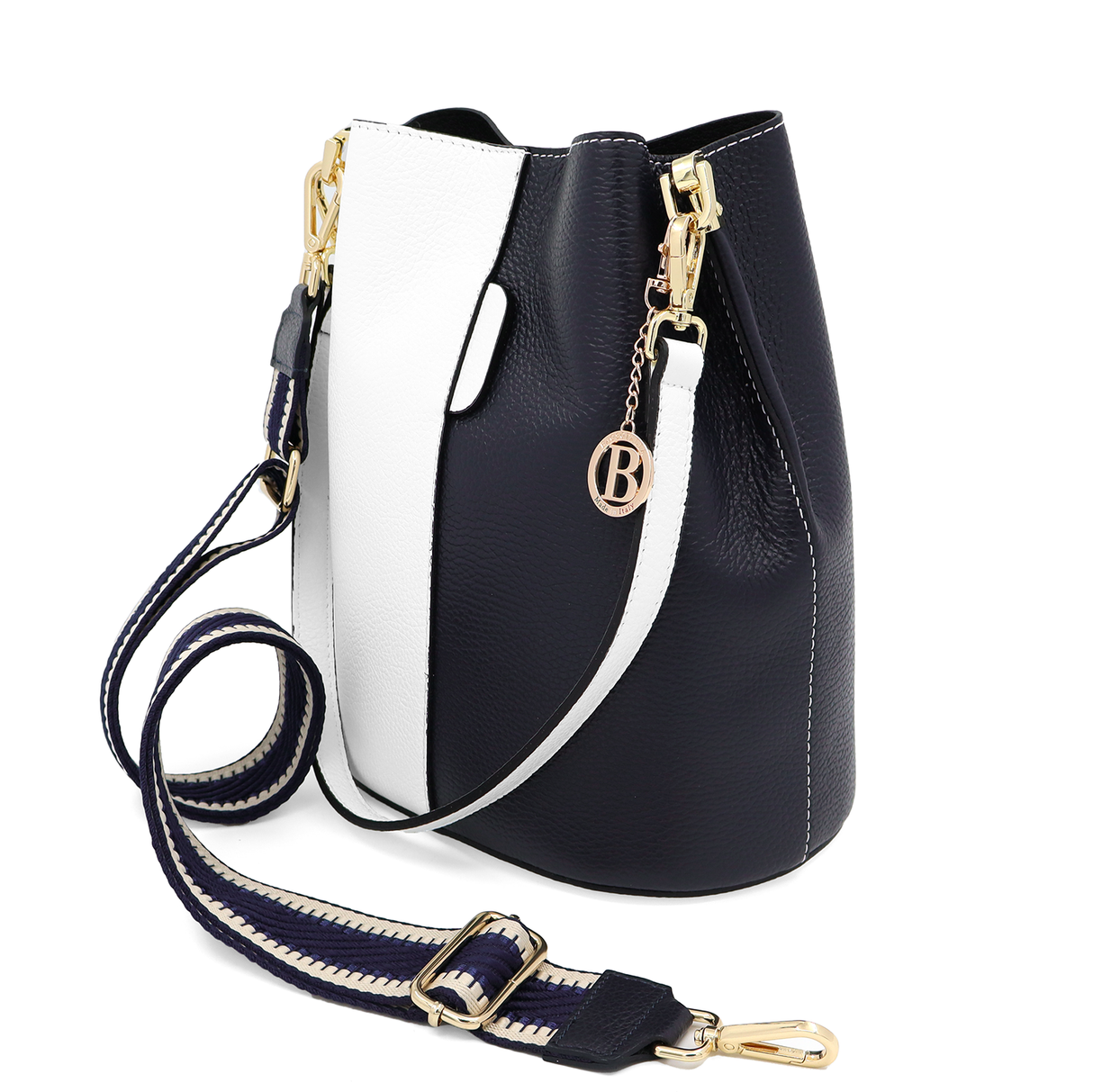 Geantă de damă din piele naturală cu 2 mânere Alba - alb/albastru închis