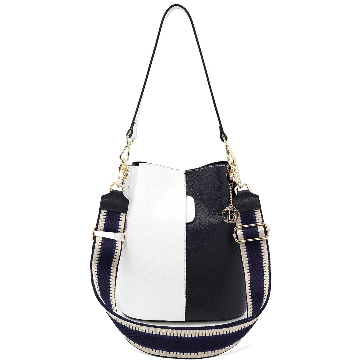 Geantă de damă din piele naturală cu 2 mânere Alba - alb/albastru închis