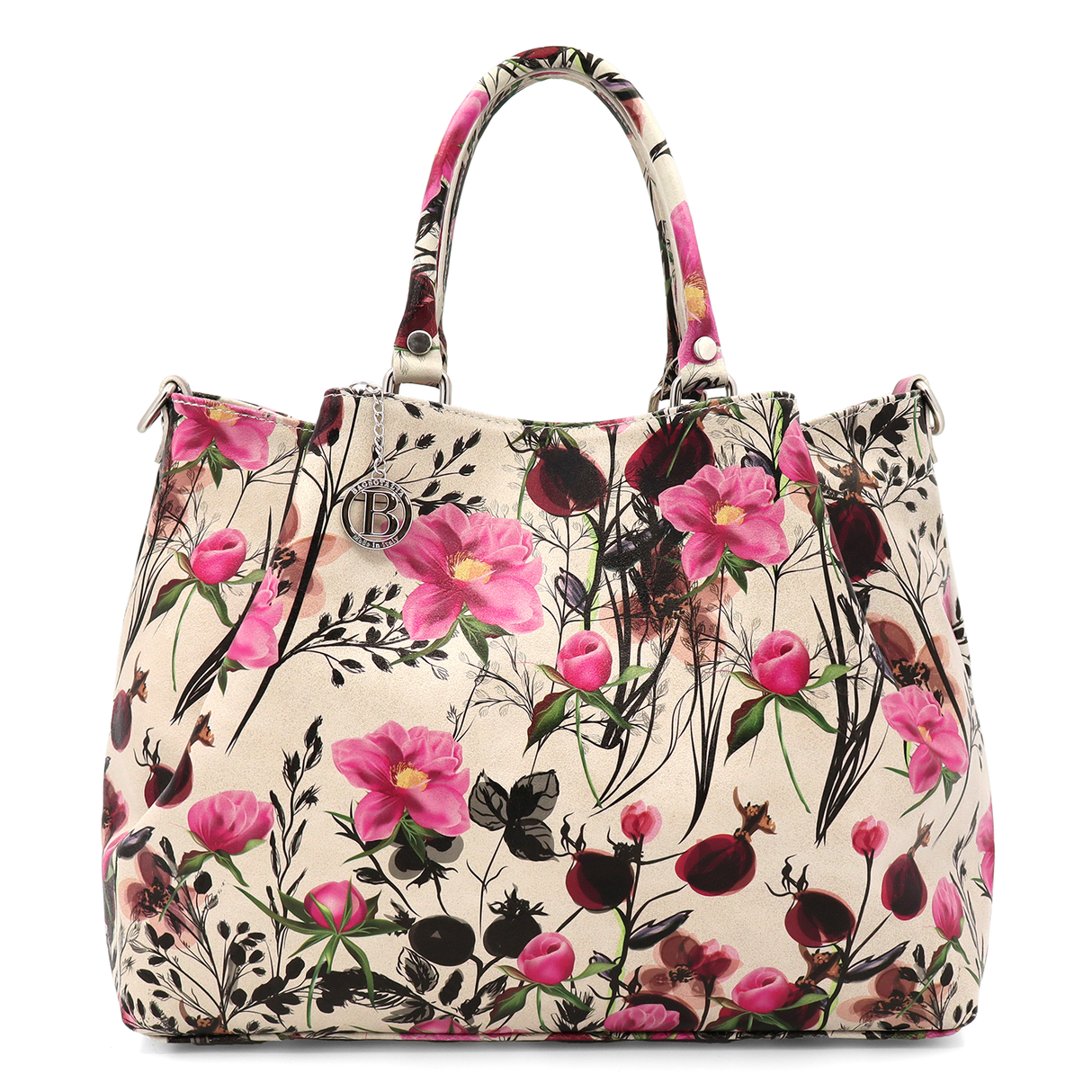 Geantă mare de damă din piele naturală cu imprimeu floral roz Danica