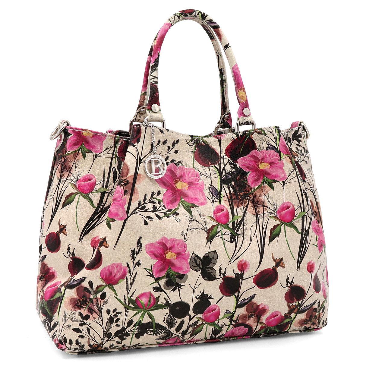 Geantă mare de damă din piele naturală cu imprimeu floral roz Danica