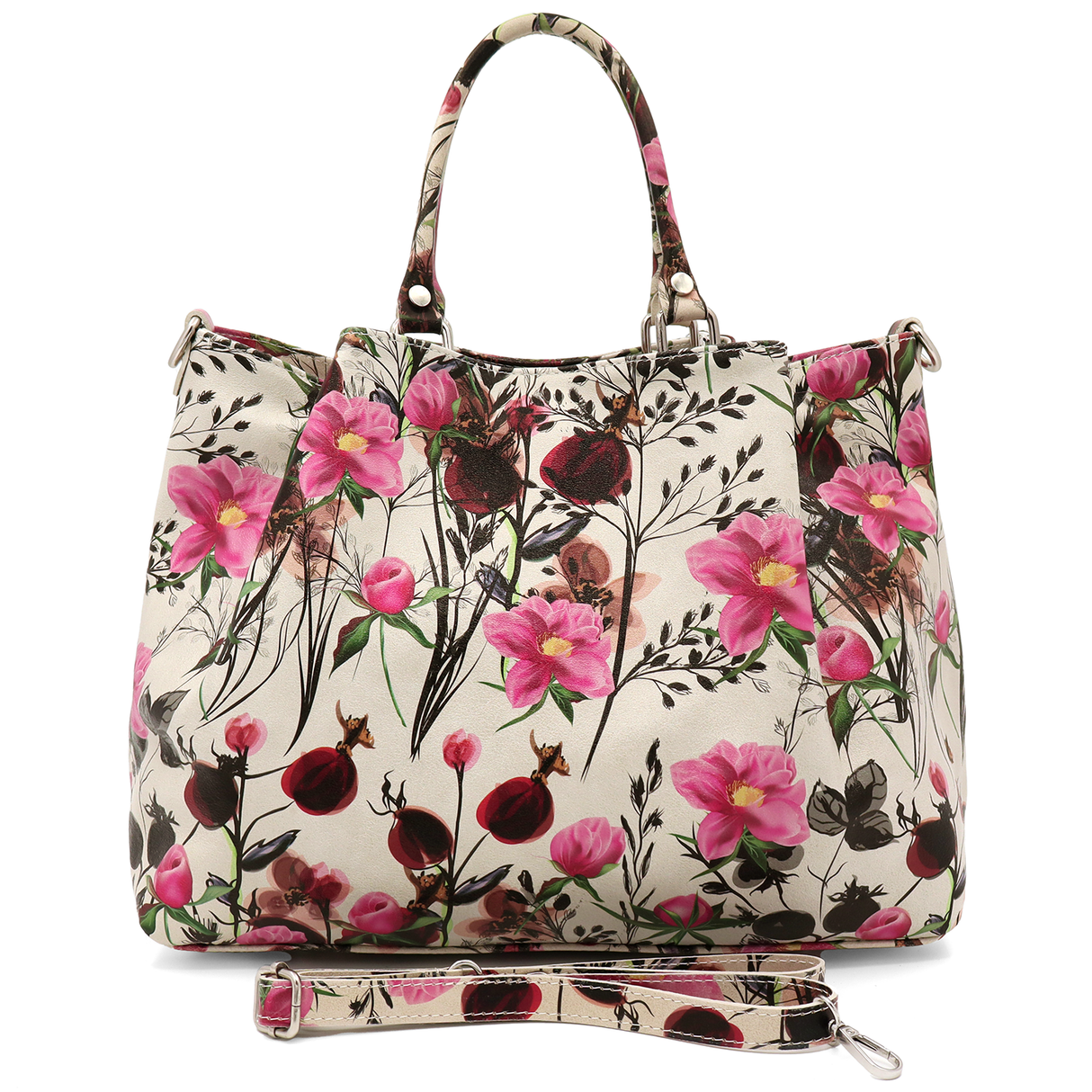 Geantă mare de damă din piele naturală cu imprimeu floral roz Danica