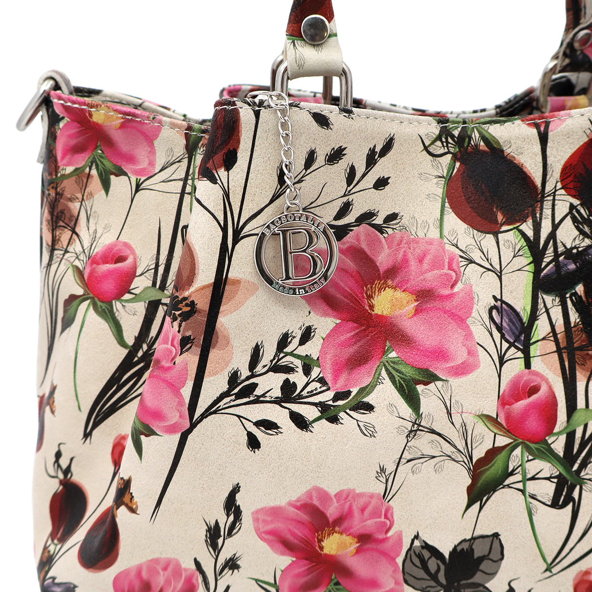 Geantă mare de damă din piele naturală cu imprimeu floral roz Danica