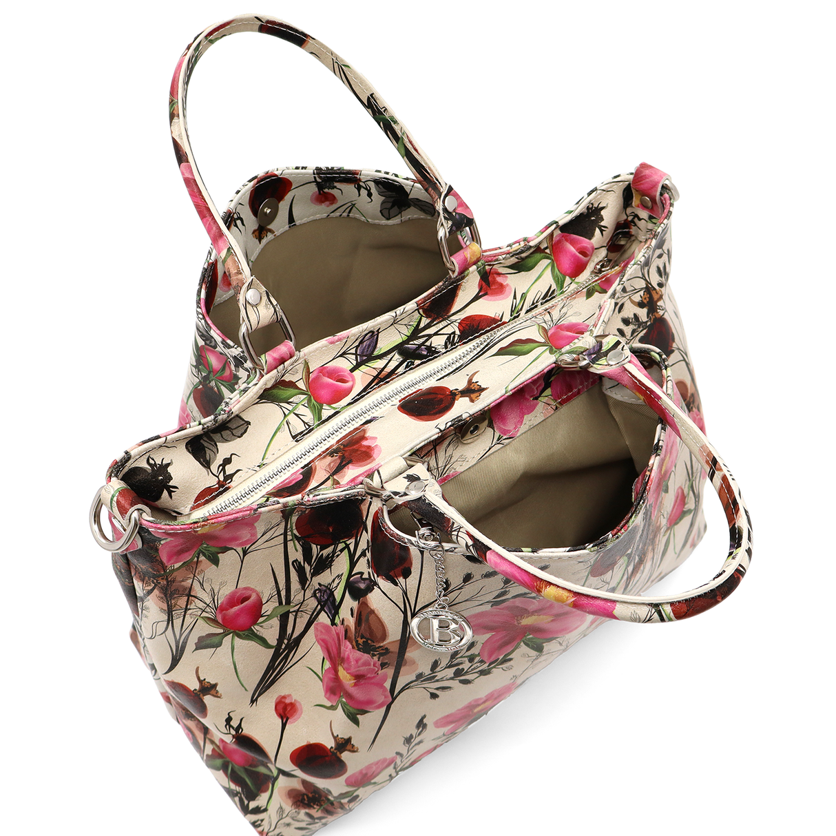 Geantă mare de damă din piele naturală cu imprimeu floral roz Danica