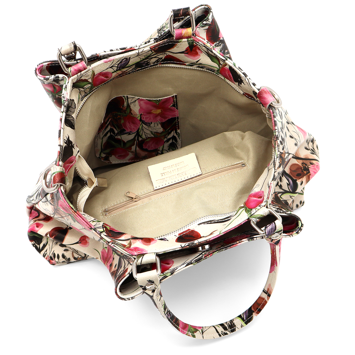 Geantă mare de damă din piele naturală cu imprimeu floral roz Danica