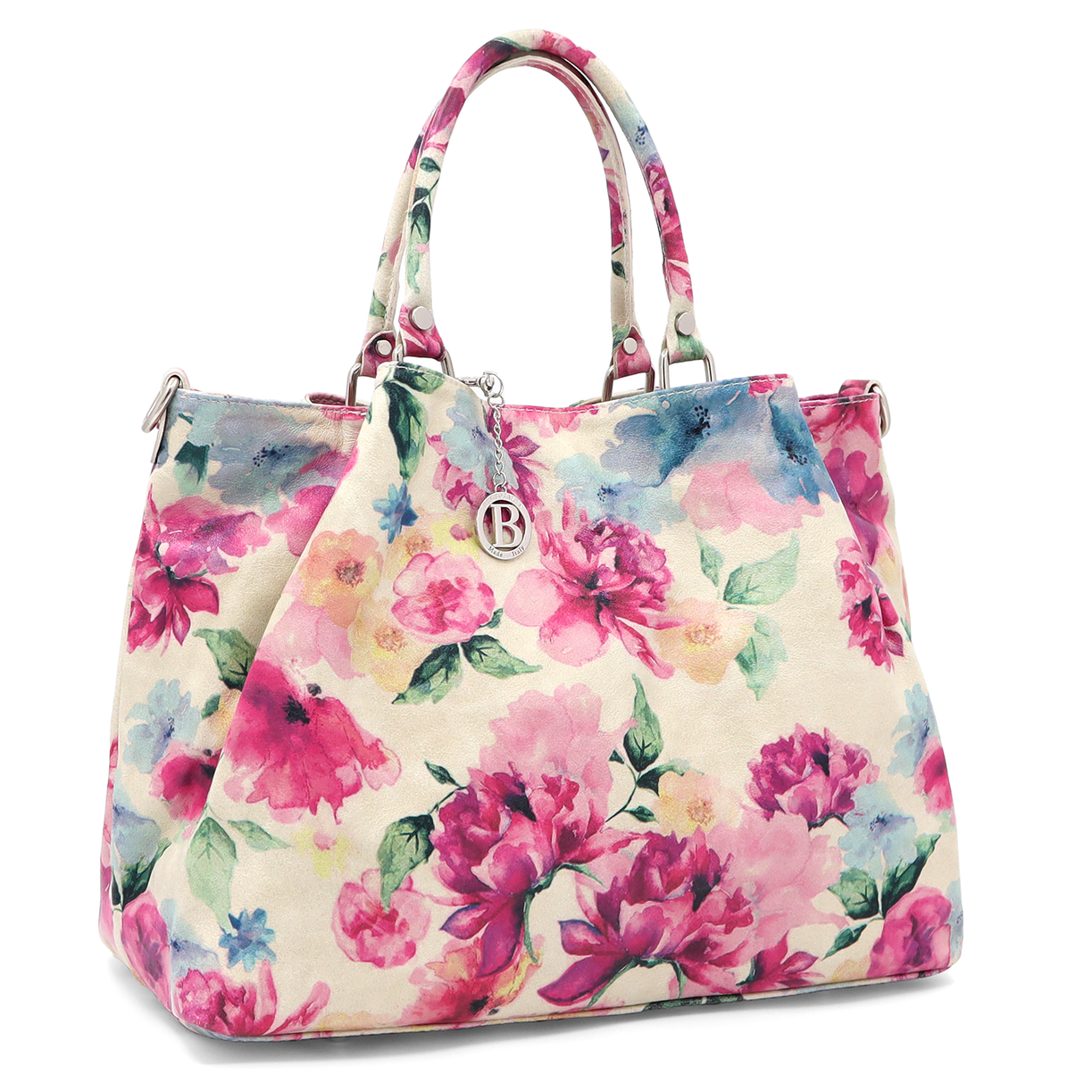 Geantă mare de damă din piele naturală cu imprimeu bujori Danica