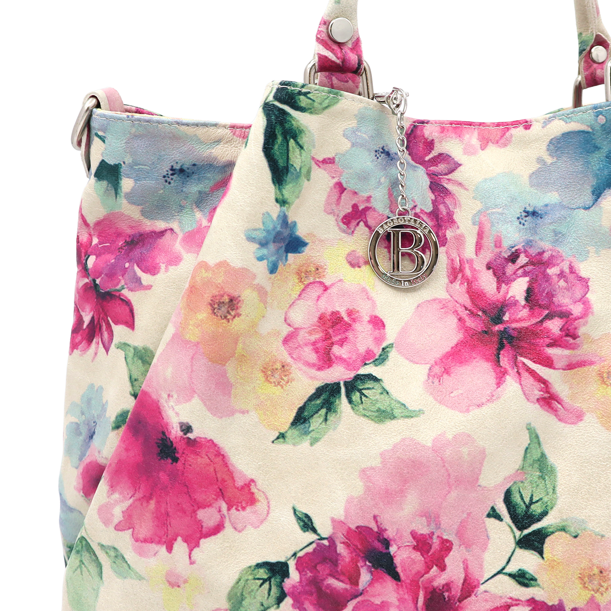 Geantă mare de damă din piele naturală cu imprimeu bujori Danica