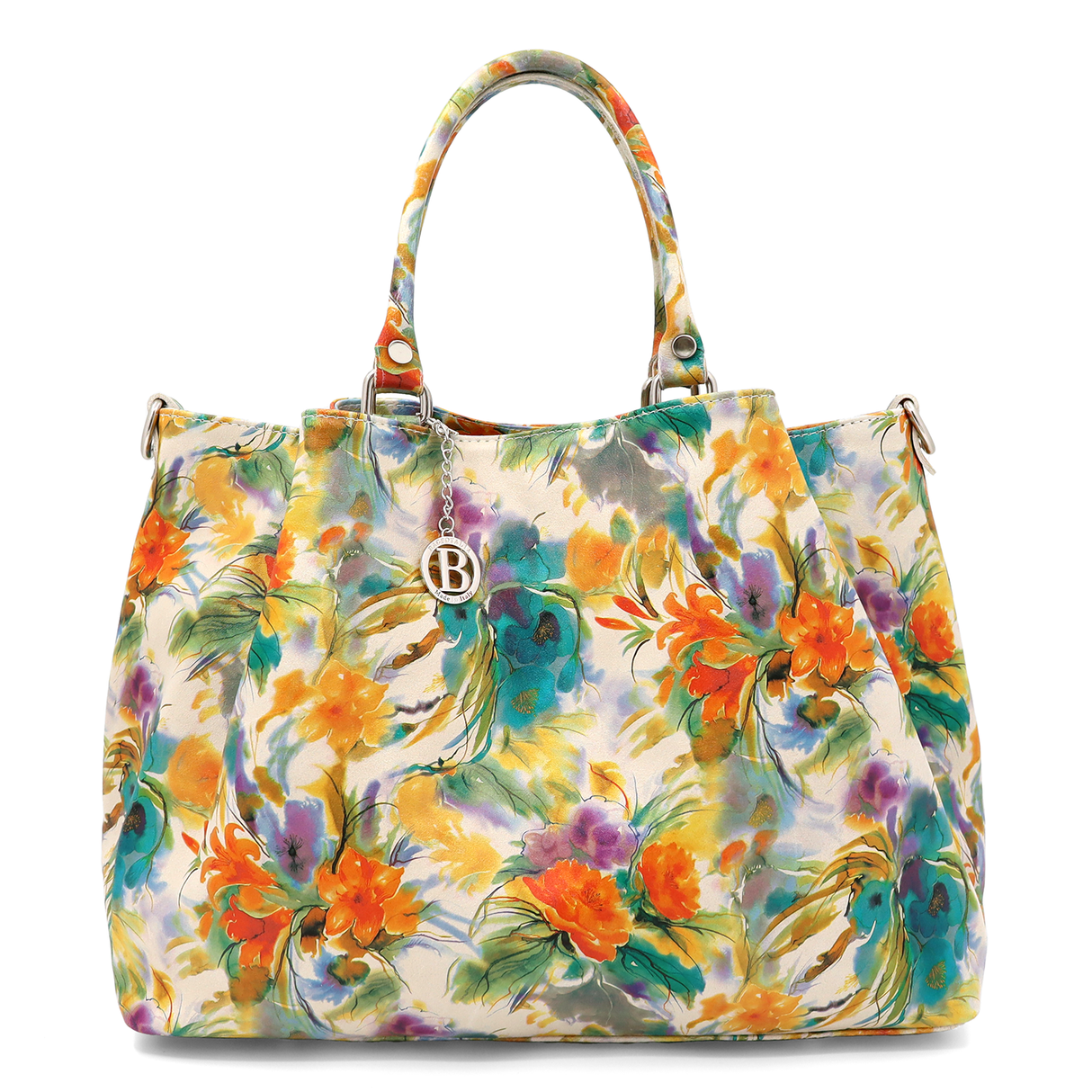 Geantă mare de damă din piele naturală cu imprimeu floral în acuarelă Danica