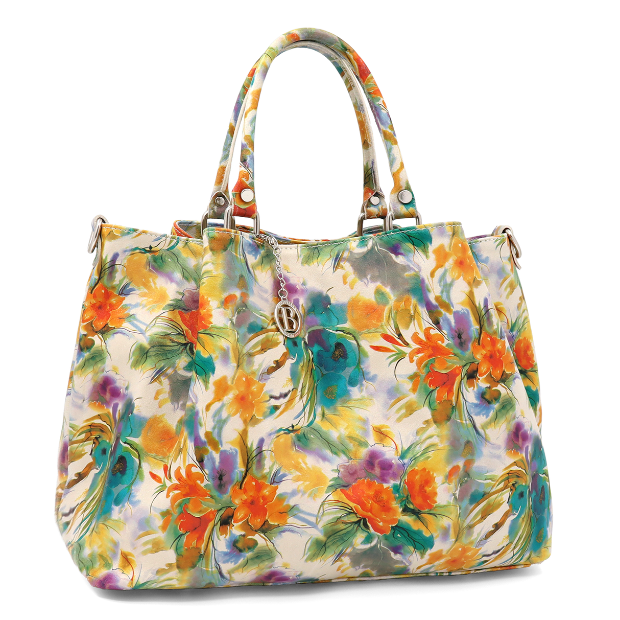 Geantă mare de damă din piele naturală cu imprimeu floral în acuarelă Danica