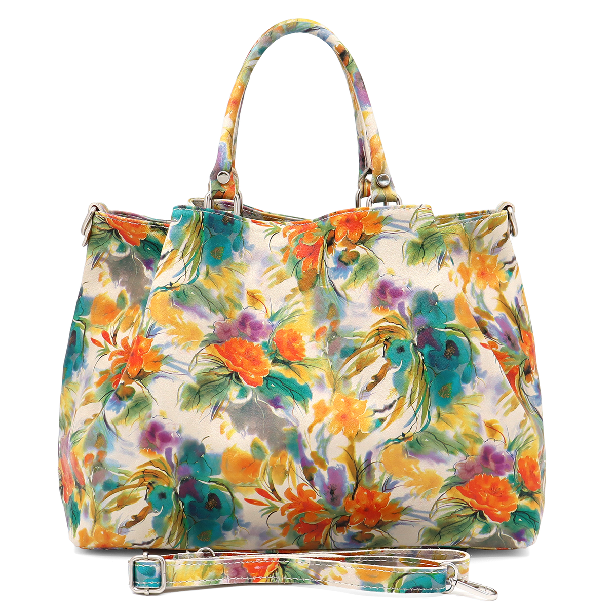 Geantă mare de damă din piele naturală cu imprimeu floral în acuarelă Danica