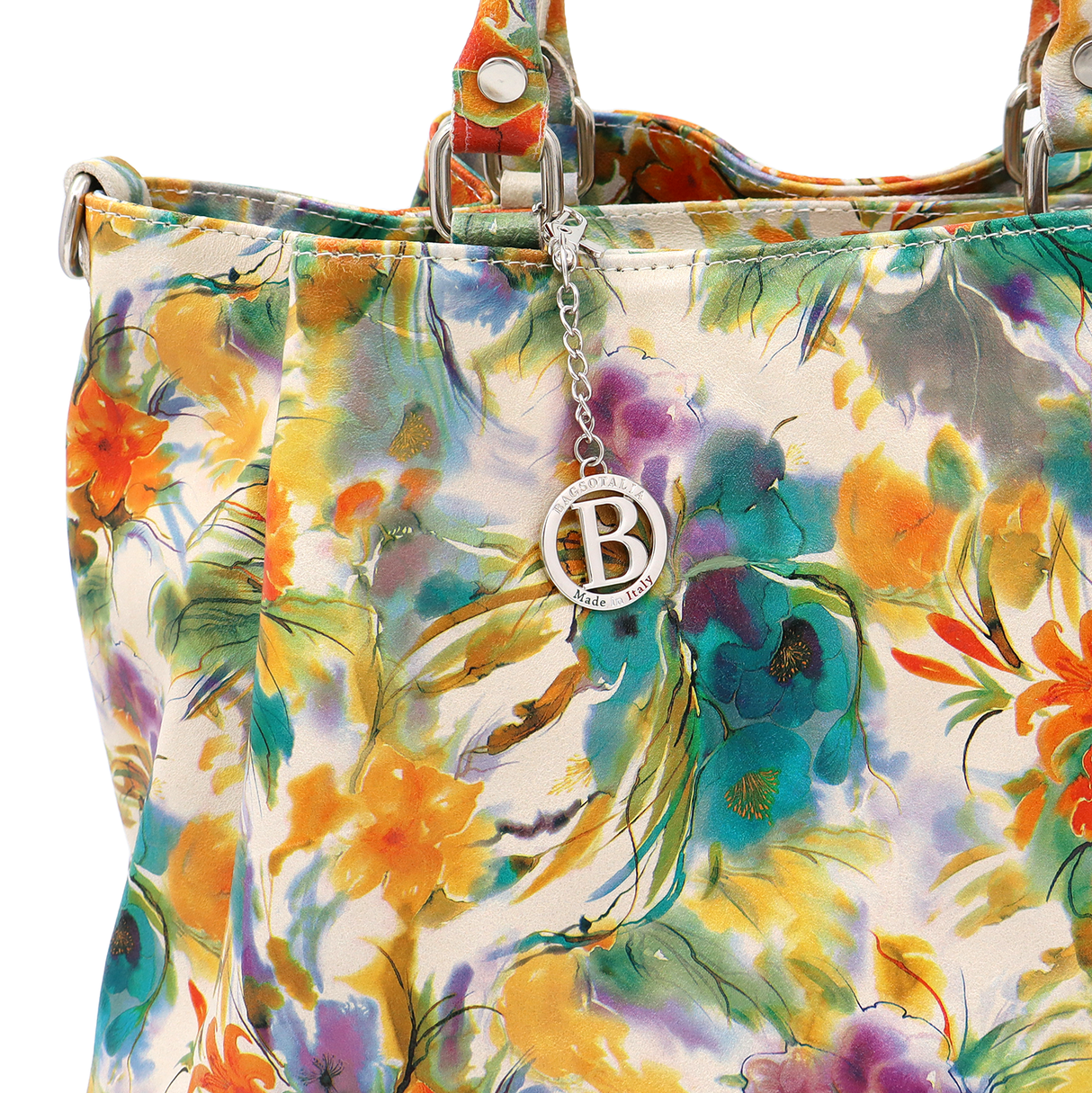 Geantă mare de damă din piele naturală cu imprimeu floral în acuarelă Danica