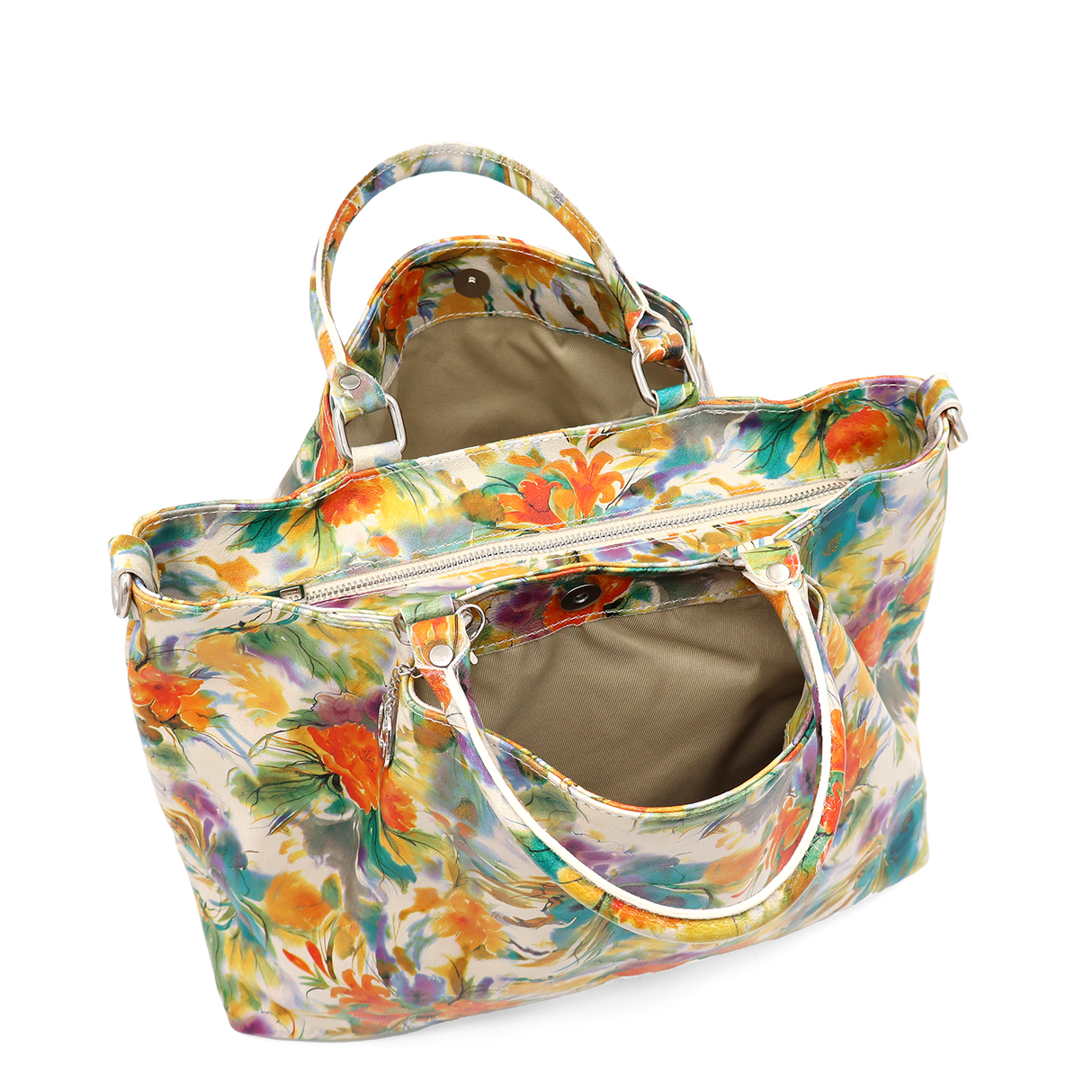 Geantă mare de damă din piele naturală cu imprimeu floral în acuarelă Danica