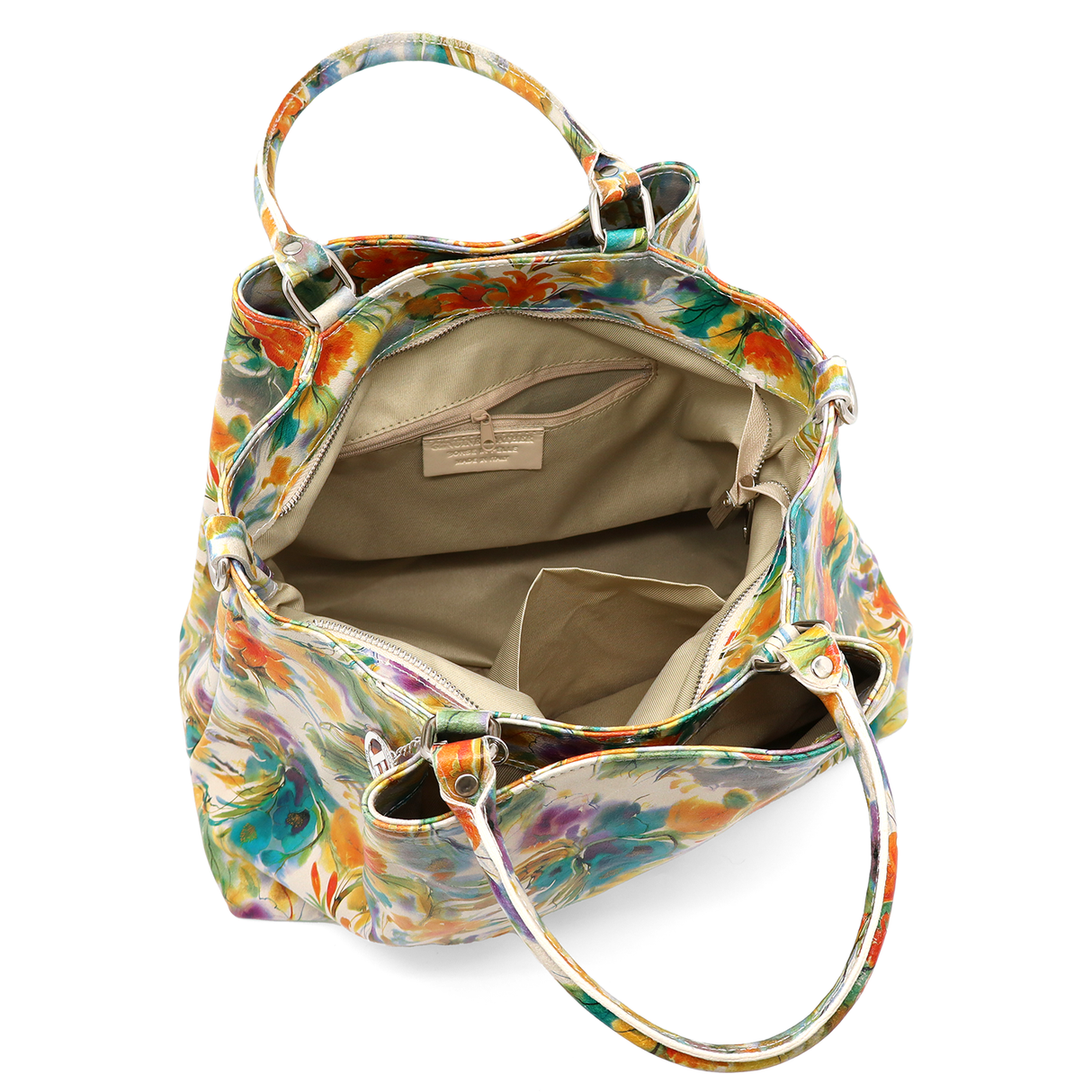 Geantă mare de damă din piele naturală cu imprimeu floral în acuarelă Danica