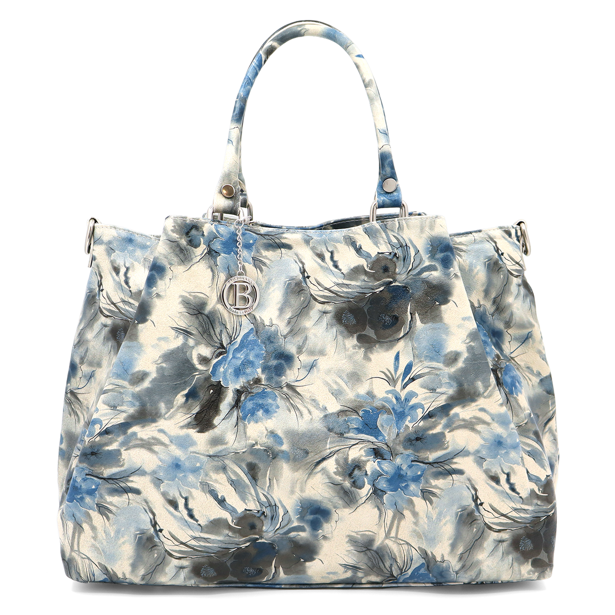 Geantă mare de damă din piele naturală cu imprimeu floral albastru Danica