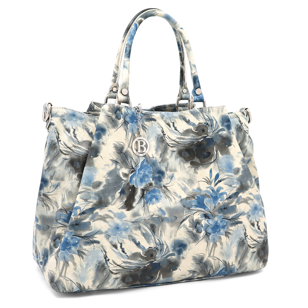 Geantă mare de damă din piele naturală cu imprimeu floral albastru Danica