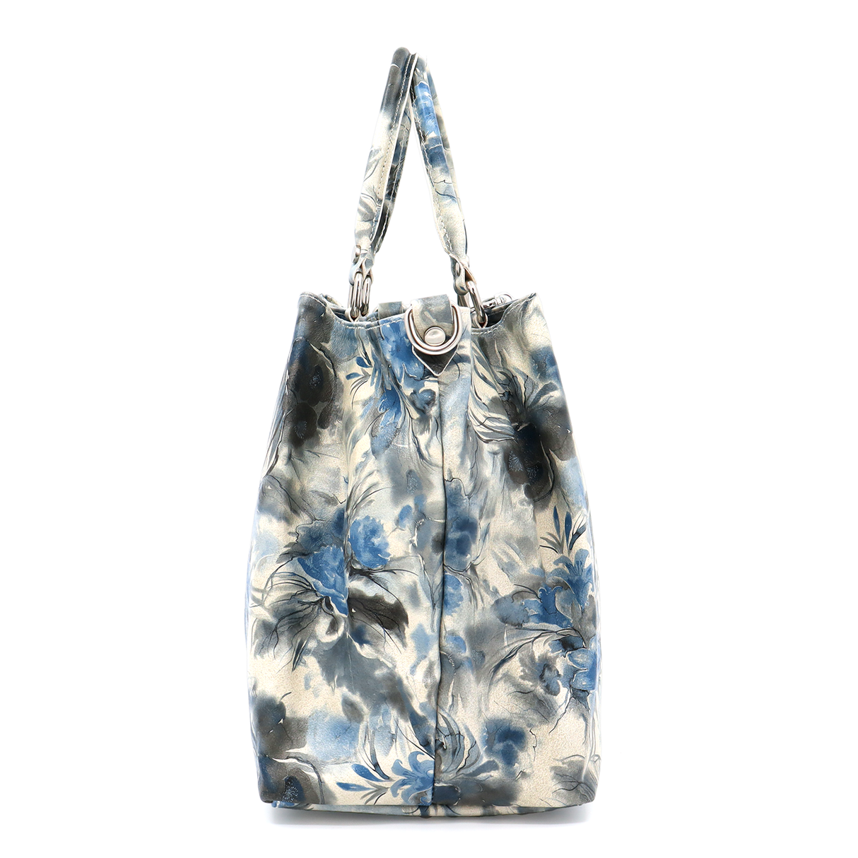 Geantă mare de damă din piele naturală cu imprimeu floral albastru Danica