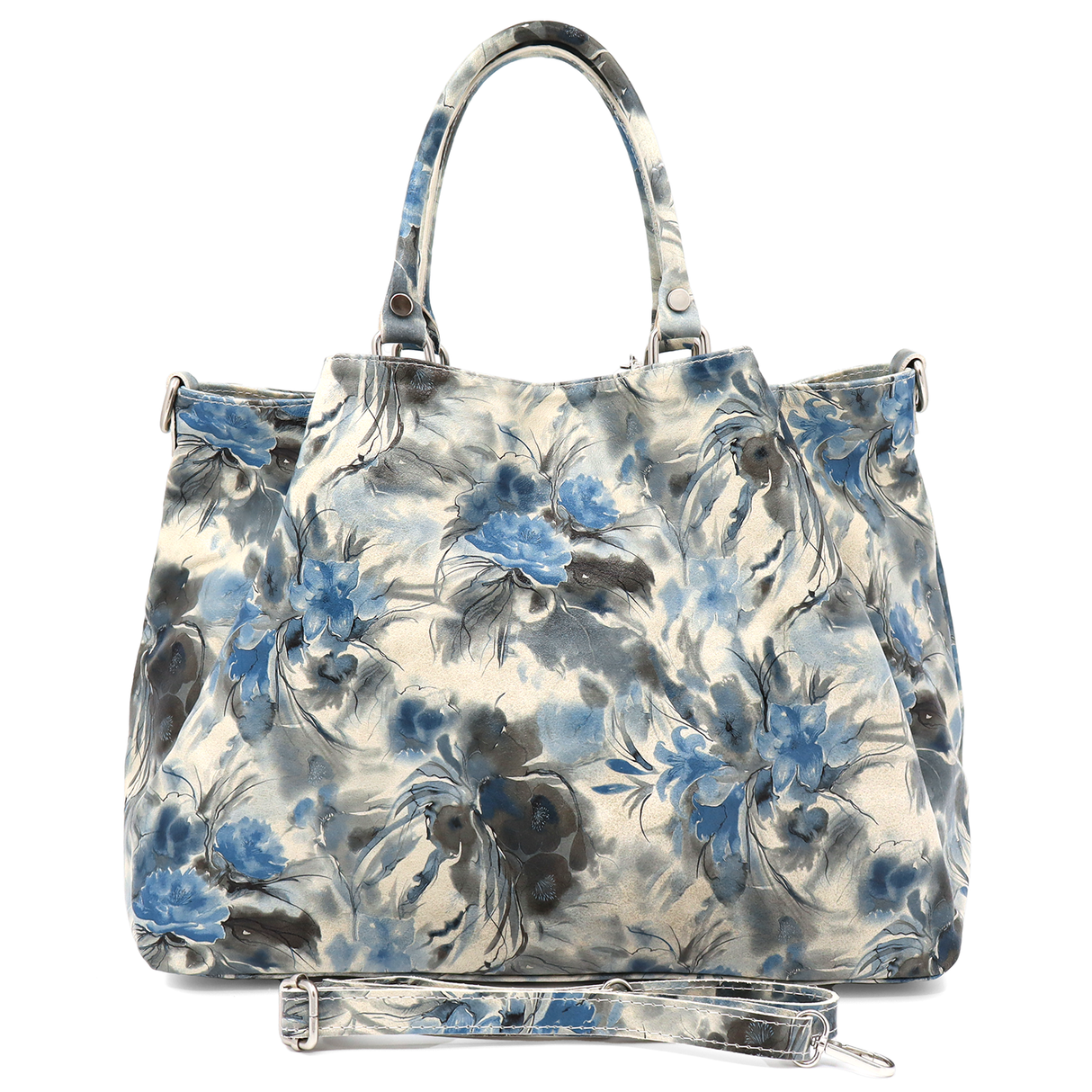Geantă mare de damă din piele naturală cu imprimeu floral albastru Danica