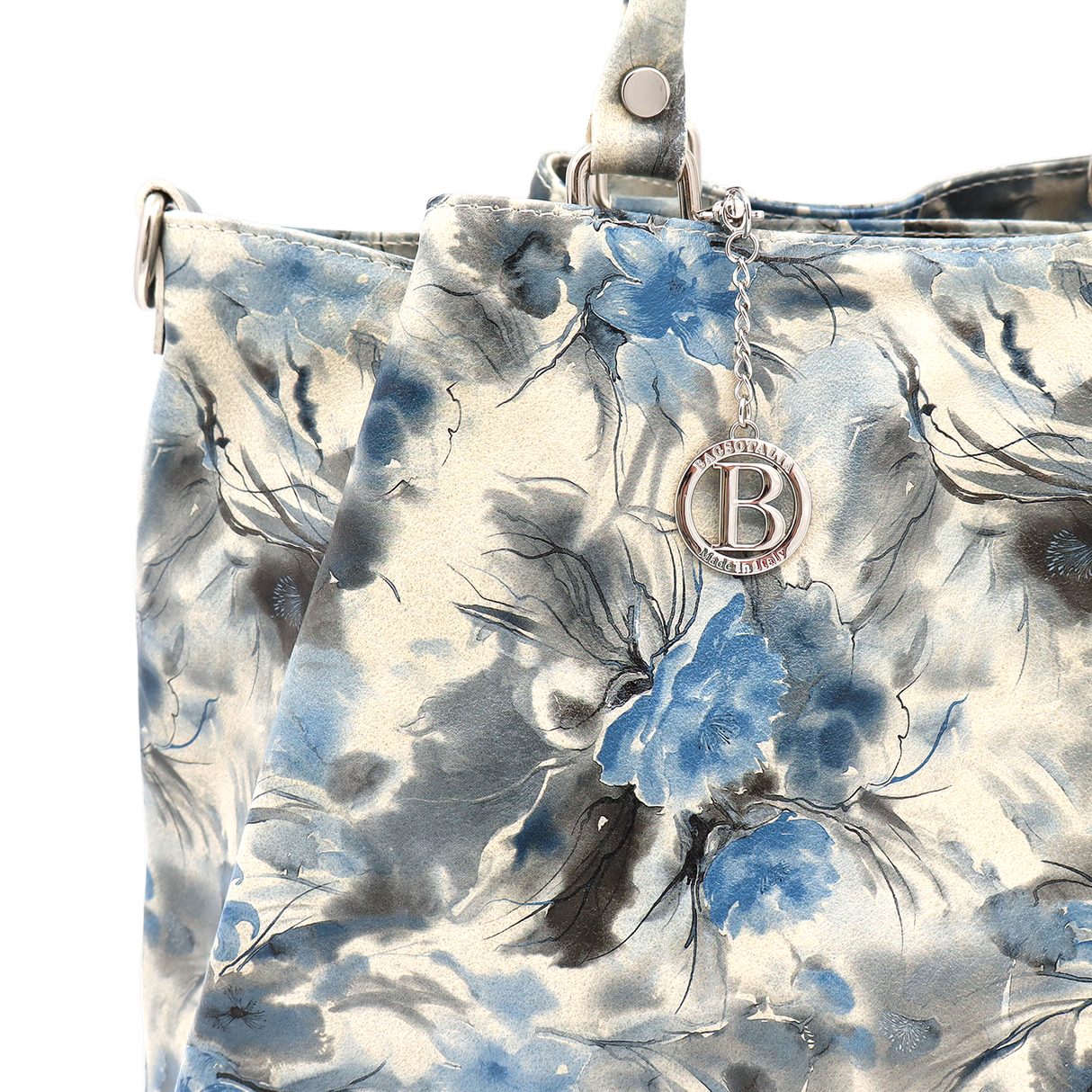 Geantă mare de damă din piele naturală cu imprimeu floral albastru Danica