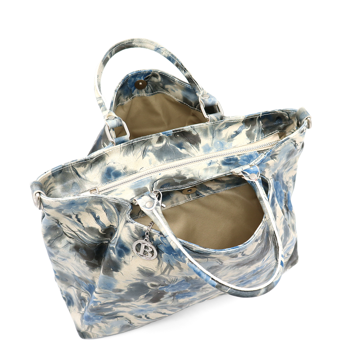 Geantă mare de damă din piele naturală cu imprimeu floral albastru Danica