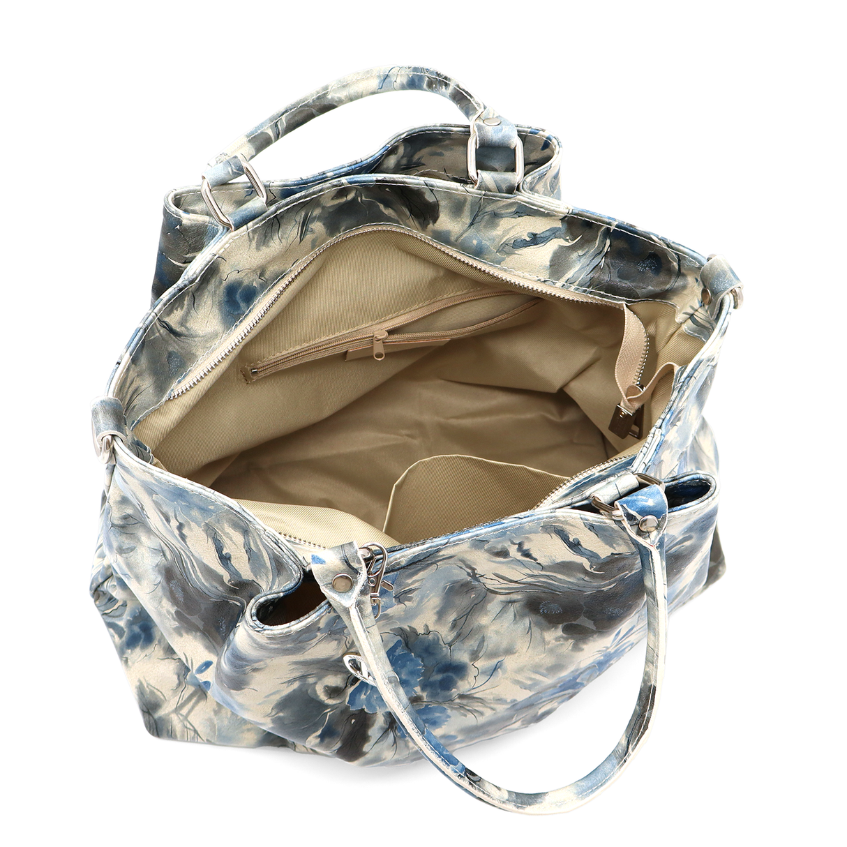 Geantă mare de damă din piele naturală cu imprimeu floral albastru Danica