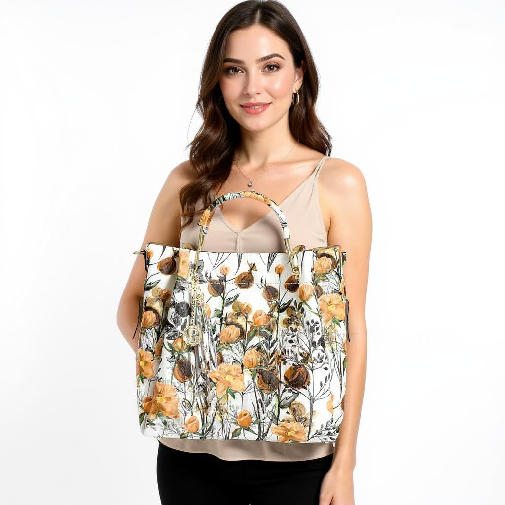 Geantă din piele naturală damă Zaza - flori galbene