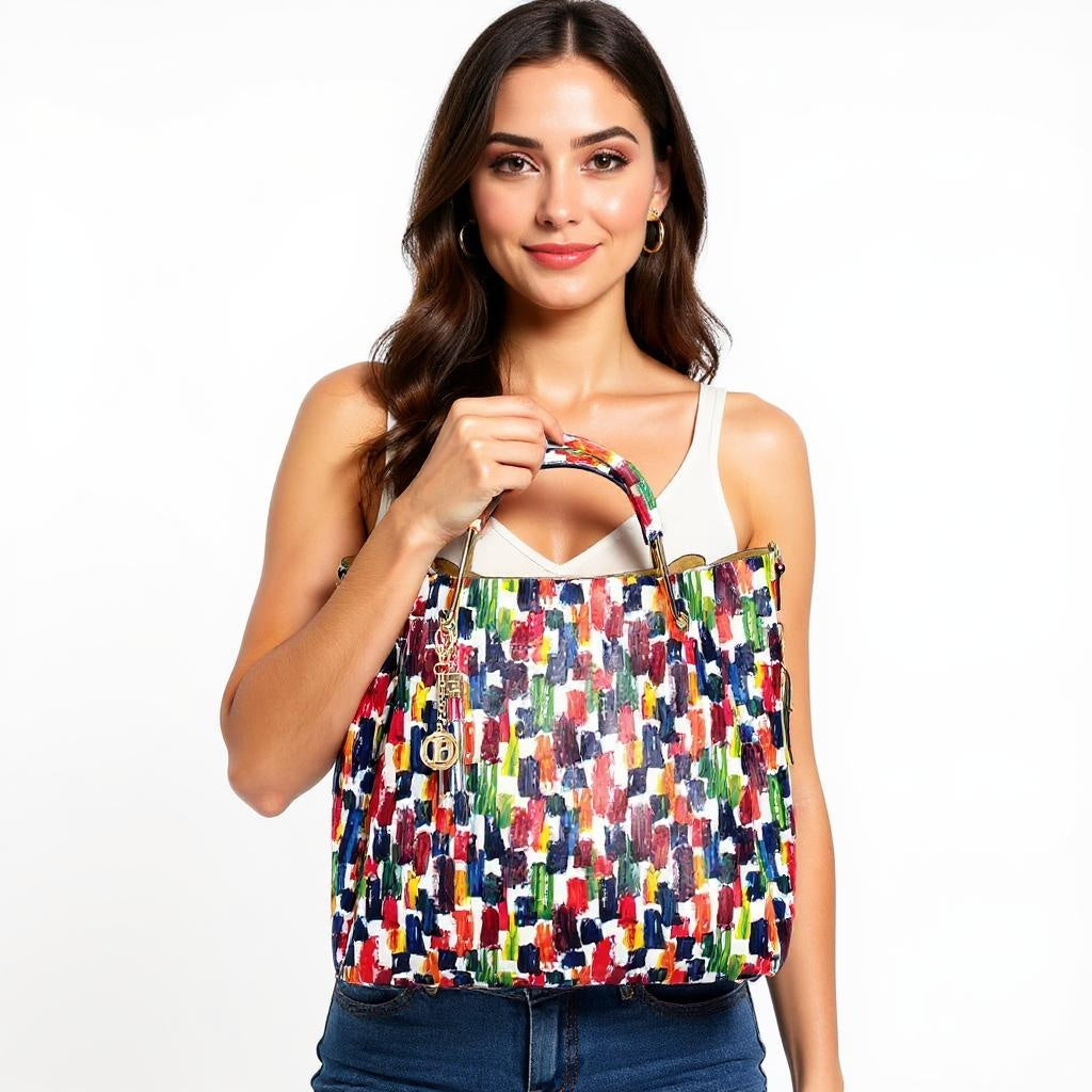 Geantă din piele naturală damă Zaza - print colorat