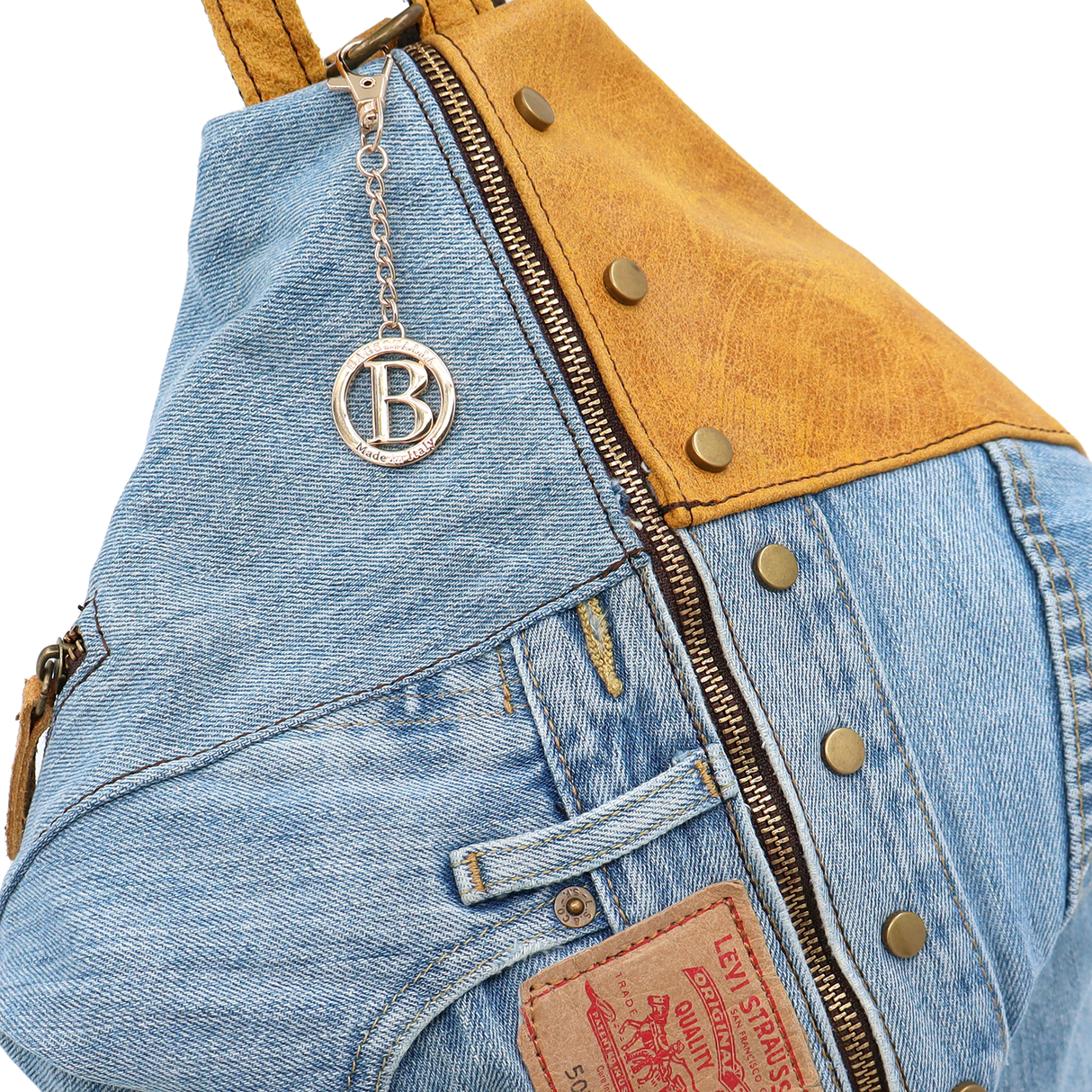 Rucsac mare Gabriela din piele naturală și denim – muștar
