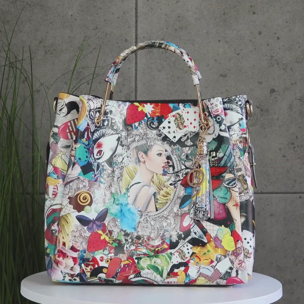 Geantă din piele naturală damă  Zaza - print colorat